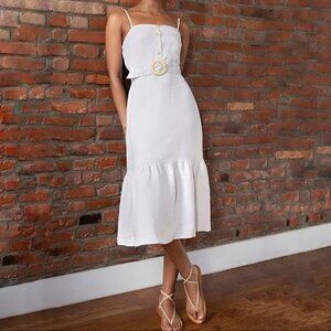 Rails Astrid Belted Midi Sleeveless Linen Blend Dress in Stone Size M